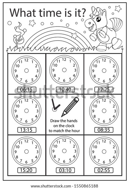 色分けワークシート 子時計 子供が時計を学ぶ 今何時 子どもの時計を一角獣でなぞる 教育ページ ベクターイラスト のベクター画像素材 ロイヤリティ フリー