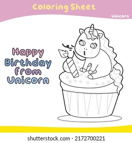 Coloring worksheet for children. Educational printable sheet. Unicorn theme. Vector illustrations.