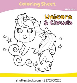 Coloring worksheet for children. Educational printable sheet. Unicorn theme. Vector illustrations.