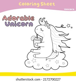 Colorando la hoja de cálculo para niños. Hoja didáctica imprimible. Tema unicornio. Ilustraciones vectoriales.