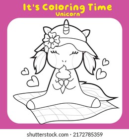 Coloring worksheet for children. Unicorn theme. Vector illustrations.