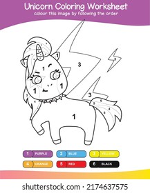 Coloring worksheet for children. Unicorn theme. Vector illustrations.