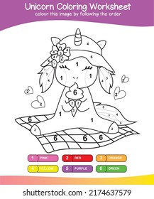 Coloring worksheet for children. Unicorn theme. Vector illustrations.