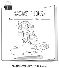 Coloring worksheet with a crying cat over a spilt milk on a white background