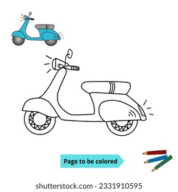 Coloring worksheet for kids. Motorcycle vector with matching color swatches.