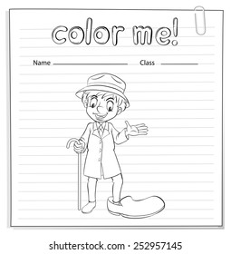 A coloring worksheet with a man fitting a big shoe on a white background