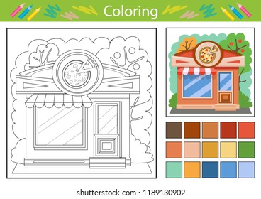 Coloring worksheets with cartoon building of pizzeria. Vector illustration. Children funny picture riddle. Coloring tutorial page for kids. Drawing lesson. Activity art game for book. 