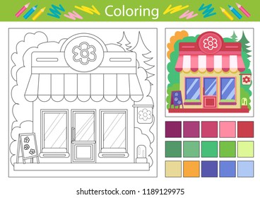 Coloring worksheets with cartoon flower shop. Vector illustration. Children funny picture riddle. Coloring tutorial page for kids. Drawing lesson. Activity art game for book. 