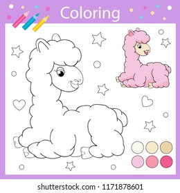 Colores de hojas de cálculo con llama dibujada. El enigma de las fotos divertidas para los niños.Página de colorear para niños. Lección de dibujo. Actividad de arte para el libro. Ilustración vectorial.