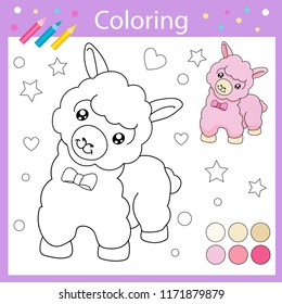 Coloring worksheets with drawn llama. Children funny picture riddle. Coloring page with cartoon lama. Drawing lesson for kids. Activity art game for book. Vector illustration.