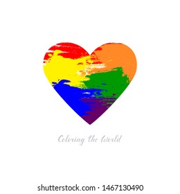 coloring the world text. vector heart shape with grunge style color spots. love concept.  simple print design for t shirt, banner, poster, invitation, flyer, placard. lgbti community