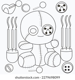 Coloring page Coloring book for children  Bear  Voodoo toy  Halloween  Coloring book for adults  Black   white illustration 