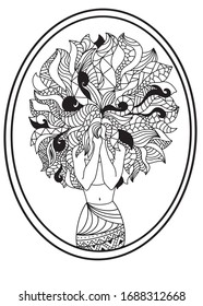 Colorings. Coloring book for adults and children. Coloring pictures with a woman. An anti-stress freehand sketch with doodle and zentangle elements.