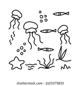 Colorings. Underwater inhabitants and algae, coloring book. Jellyfish and plants. Doodle of marine animals and plants isolated on a white background. Antistress drawing for adults, children.