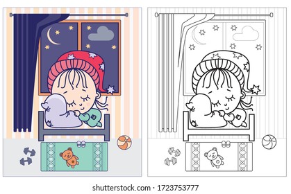 Colorize the drawing - a sweet dream of a child at night in the room, a toy of a bear outside the window, the moon and stars in color and in the outline
