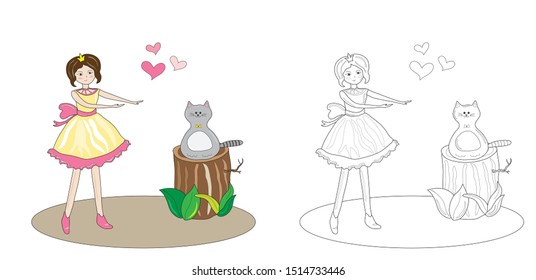 Colorize the image of a princess who is going to stroke a funny cat. Walk. Characters isolated on a white background. Coloring book for children. Kids game. Costume party. Valentine. Vector image.