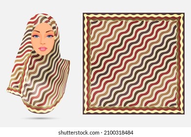 Colorize wavy pattern hijab design with illustration model, Scarf fabric texture  