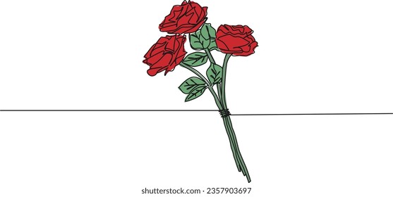 colorized continuous single line drawing of small bouquet of roses, bunch of flowers line art vector illustration