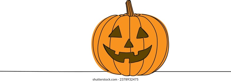 colorized continuous single line drawing of jack-o-lantern halloween pumpkin, line art vector illustration