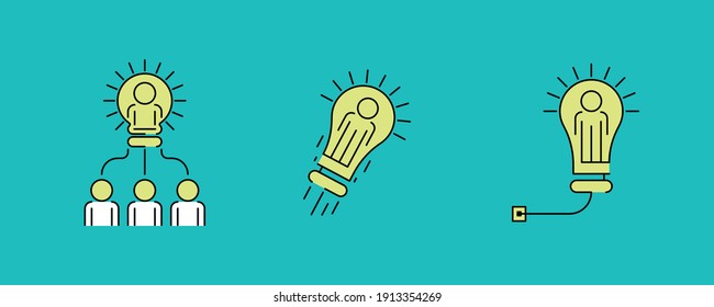 Colorized Teamwork Related Vector Line Icons. The man flying with a light bulb. Innovation, leader, idea, common idea. Team work. Website and logo design. Editable Stroke. Modern line art icon set.
