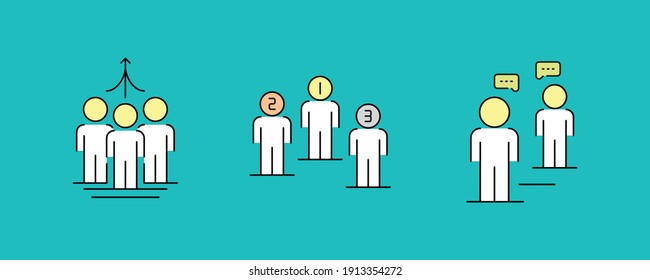 Colorized Teamwork Related Vector Line Icons. Innovation, leader, idea. First, second and third place, common idea. team work. Website and logo design. Editable Stroke. Modern line art icon set.
