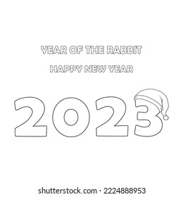 Colorless 2023 text with Christmas santa claus hat. Black and white template page for coloring book with New Year decorative objects. Black contour silhouette 2023. Worksheet, Greeting card for kids.