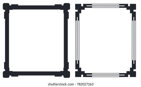 Colorless black frames with decorative corners vector illustrations set isolated on white. Vintage borders empty inside with place for text