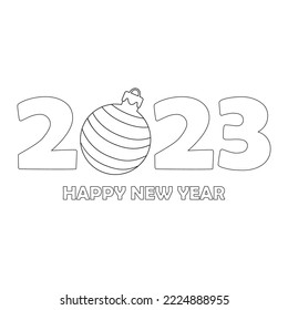 Colorless cartoon Christmas Ball among numbers 2023. Black and white template page for coloring book with Hare as symbol of 2023 New Year. Worksheet or Greeting card with new year art for kids.
