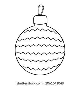 Colorless cartoon Christmas Ball. Black and white template page for coloring book with new year decoration. New year tree toy with ornaments. Practice worksheet or Anti-stress coloring page for kids.