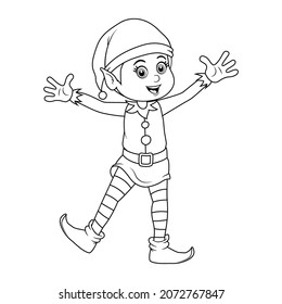 Colorless cartoon Christmas Elf. Black and white template page for coloring book with Santa Claus helper elf. Cute smiling gnome in costume. Practice worksheet or Anti-stress coloring page for kids.