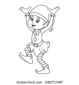 Colorless cartoon Christmas Elf. Black and white template page for coloring book with Santa Claus helper elf. Cute smiling gnome in costume. Practice worksheet or Anti-stress coloring page for kids.