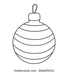 Colorless cartoon Christmas tree toy. Black and white template page for coloring book with new year decoration. New year Ball with ornaments. Practice worksheet or Anti-stress coloring page for kids.