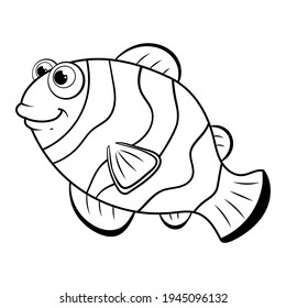 Colorless cartoon Clown Fish. Coloring pages. Template page for coloring book of funny sea fish for kids. Zebra fish. Practice worksheet or Anti-stress page for child. Cute outline education game.