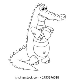 Colorless cartoon Crocodile with ball. Coloring pages. Template page for coloring book of funny alligator for kids. Practice worksheet or Anti-stress page for child. Cute outline education game. EPS10