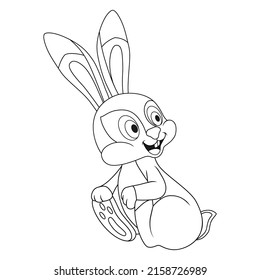 Colorless cartoon Easter Hare sits and looks back. Template of coloring book of Rabbit. Practice worksheet or Anti-stress page for kids. Logic outline education game. Happy holiday. Easter. New year.