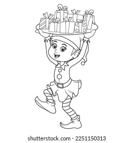 Colorless cartoon Elf. Black and white template page for coloring book with gnome in costume holding boxes with presents for birthday or celebration. Practice worksheet or Anti-stress page for kids.