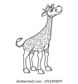 Colorless cartoon Giraffe smiles. Coloring pages. Template page for coloring book of funny Calf for kids. Practice worksheet or Anti-stress page for child. Cute outline education game. Vector EPS10