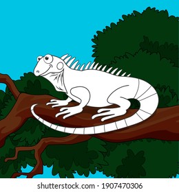 Colorless cartoon iguana on branch on colorful background. Template coloring book of fun lizard for kids. Coloring page about cute animals. Anti-stress page for child. Beautiful outline education game