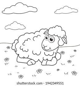 Colorless cartoon Lamb on colorful lawn. Coloring pages. Template page for coloring book of funny Sheep or ewe for kids. Practice worksheet or Anti-stress page for child. Cute outline education game.