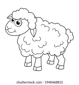 Colorless cartoon Lamb smiles. Coloring pages. Template page for coloring book of funny Sheep or ewe for kids. Practice worksheet or Anti-stress page for child. Cute outline education game. Vector EPS