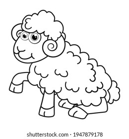 Colorless cartoon Mutton. Coloring pages. Template page for coloring book of funny Ram for kids. Practice worksheet or Anti-stress page for child. Cute outline education game. Vector illustration.