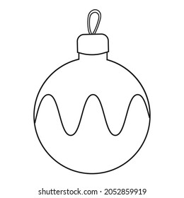 Colorless cartoon New year Ball. Black and white template page for coloring book with new year decoration. Christmas tree toy with ornaments. Practice worksheet or Anti-stress coloring page for kids.