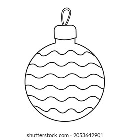 Colorless cartoon New year Ball. Christmas tree toy with ornaments. Black and white template page for coloring book with new year decoration. Practice worksheet or Anti-stress coloring page for kids.