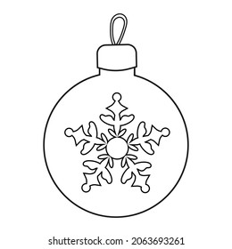 Colorless cartoon New year Ball with snowflake. Black and white template page with new year decoration. Christmas tree toy with ornaments. Practice worksheet or Anti-stress coloring page for kids.