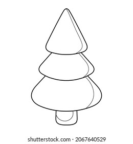 Colorless cartoon New year Tree. Coloring page with simple example Christmas tree. Black and white template page for coloring book with spruce. Practice worksheet or Anti-stress coloring page for kids