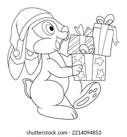 Colorless cartoon rabbit carries a lot of boxes with presents or gifts. Black and white template page for coloring book with Bunny or Hare in Santa hat. Worksheet or Anti-stress coloring page for kids