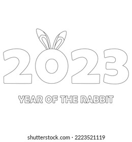 Colorless cartoon Rabbit ears and numbers 2023. Black and white template page for coloring book with Bunny as symbol of 2023 New Year. Black contour silhouette Hare. Worksheet, Greeting card for kids.