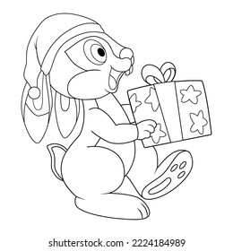 Colorless cartoon Rabbit in santa hat carry present box for celebration party. Black and white template page for coloring book with Bunny as symbol of 2023 Chinese New Year. Greeting card for kids.