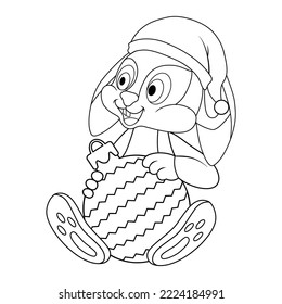 Colorless cartoon rabbit in santa hat holding New Year's toy. Black and white template for coloring book with Bunny as symbol of 2023 New Year. Worksheet or Greeting card with new year art for kids.
