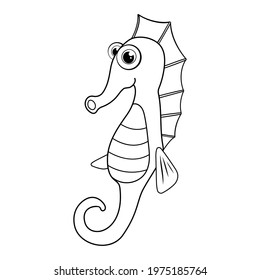 Colorless cartoon Sea Horse. Coloring page. Template page for coloring book of funny sea fish for kids. Aquatic creature. Practice worksheet or antistress page for child. Cute outline education game.